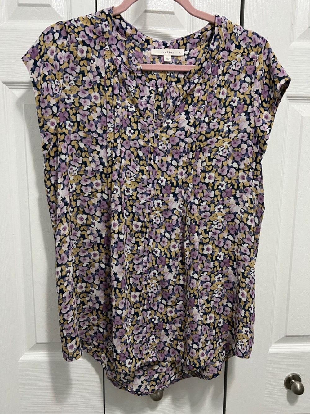 fun 2 fun Purple Floral Pintuck Cap-Sleeve Blouse